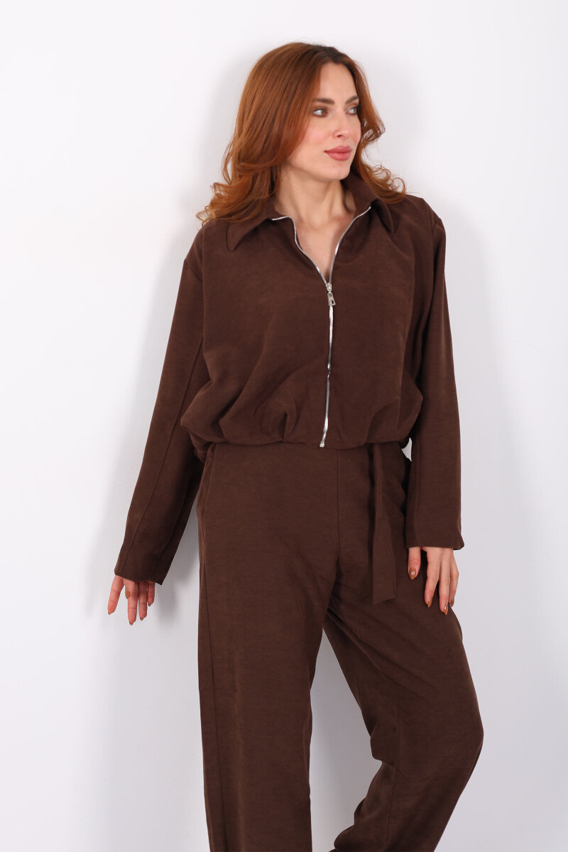 Süet Kadın Kahverengi Ceket Pantolon Takım - 4