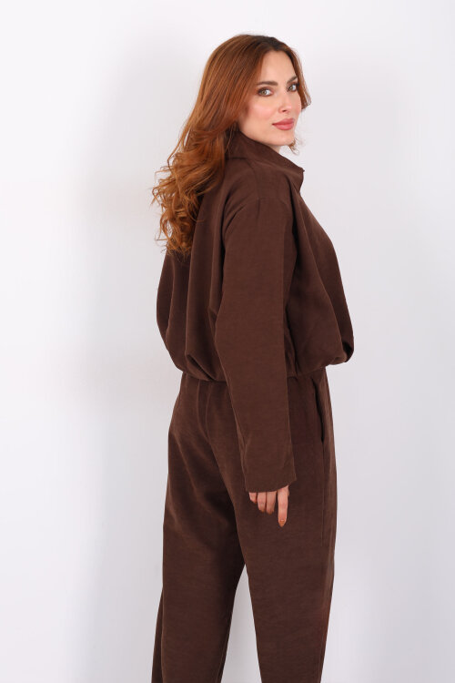 Süet Kadın Kahverengi Ceket Pantolon Takım - 6