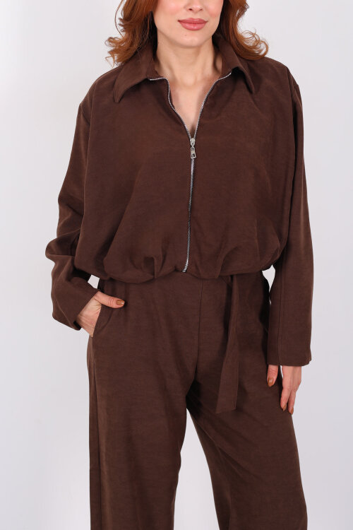 Süet Kadın Kahverengi Ceket Pantolon Takım - Berox (1)