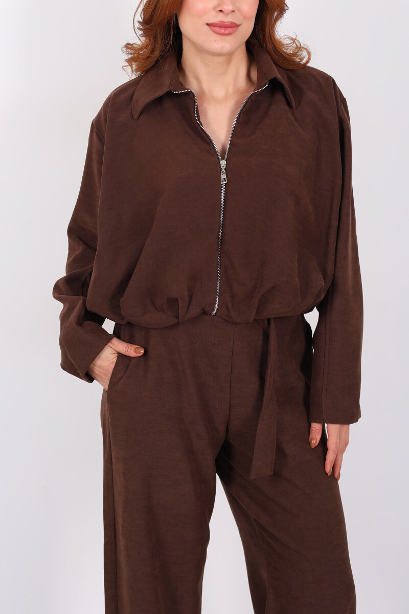 Süet Kadın Kahverengi Ceket Pantolon Takım - 2