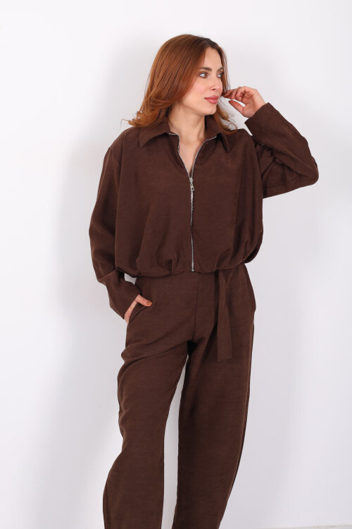 Süet Kadın Kahverengi Ceket Pantolon Takım - Berox