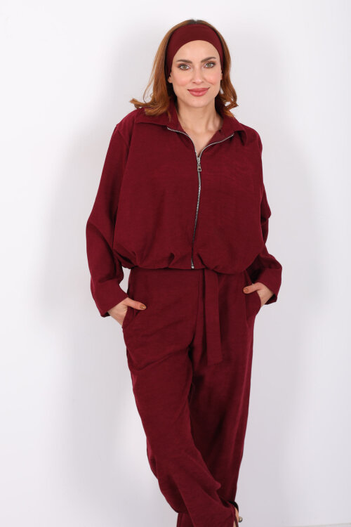 Süet Kadın Mürdüm Ceket Pantolon Takım - 3