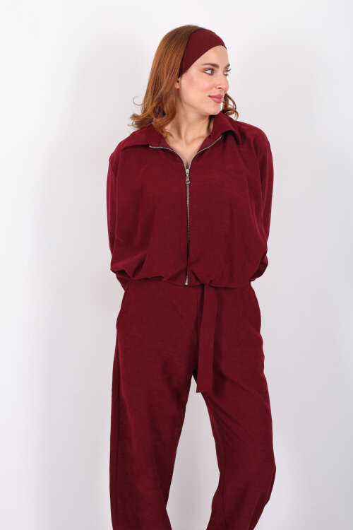 Süet Kadın Mürdüm Ceket Pantolon Takım - 4