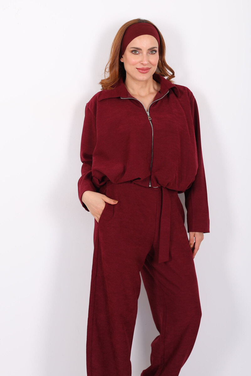 Süet Kadın Mürdüm Ceket Pantolon Takım - 8