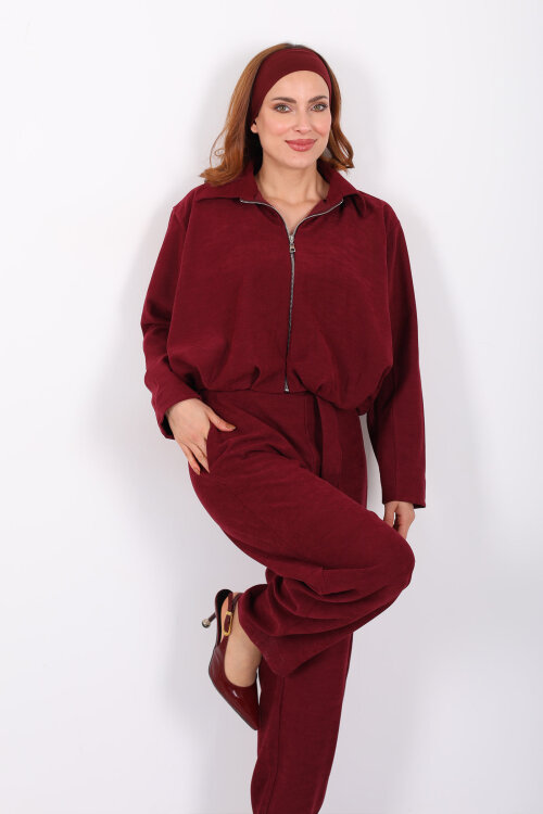 Süet Kadın Mürdüm Ceket Pantolon Takım - 7