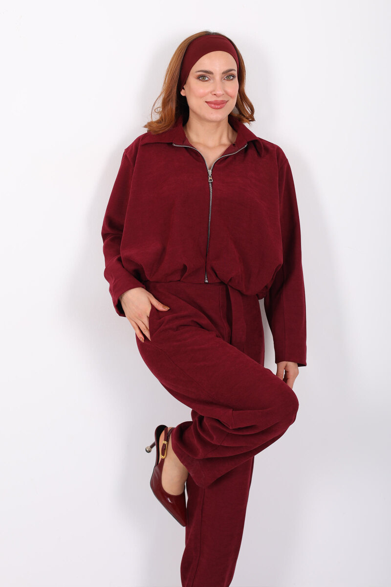 Süet Kadın Mürdüm Ceket Pantolon Takım - 7