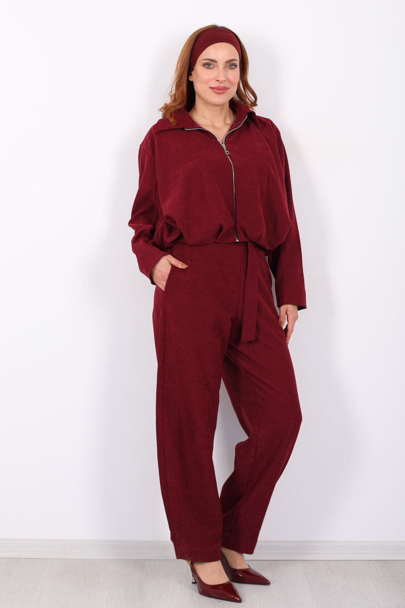 Süet Kadın Mürdüm Ceket Pantolon Takım - 5