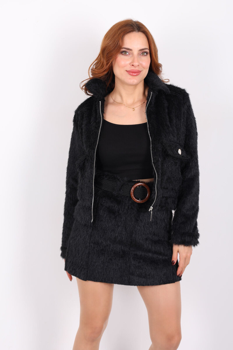 Suni Kürk Görünümlü Kemerli Siyah Kadın Mini Etek - 6