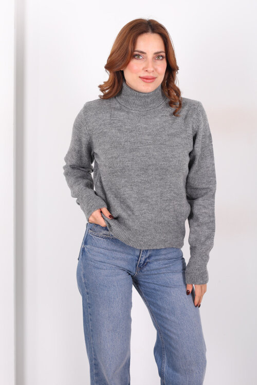 Tam Balıkçı Yaka Antrasit Kadın Triko Kazak 