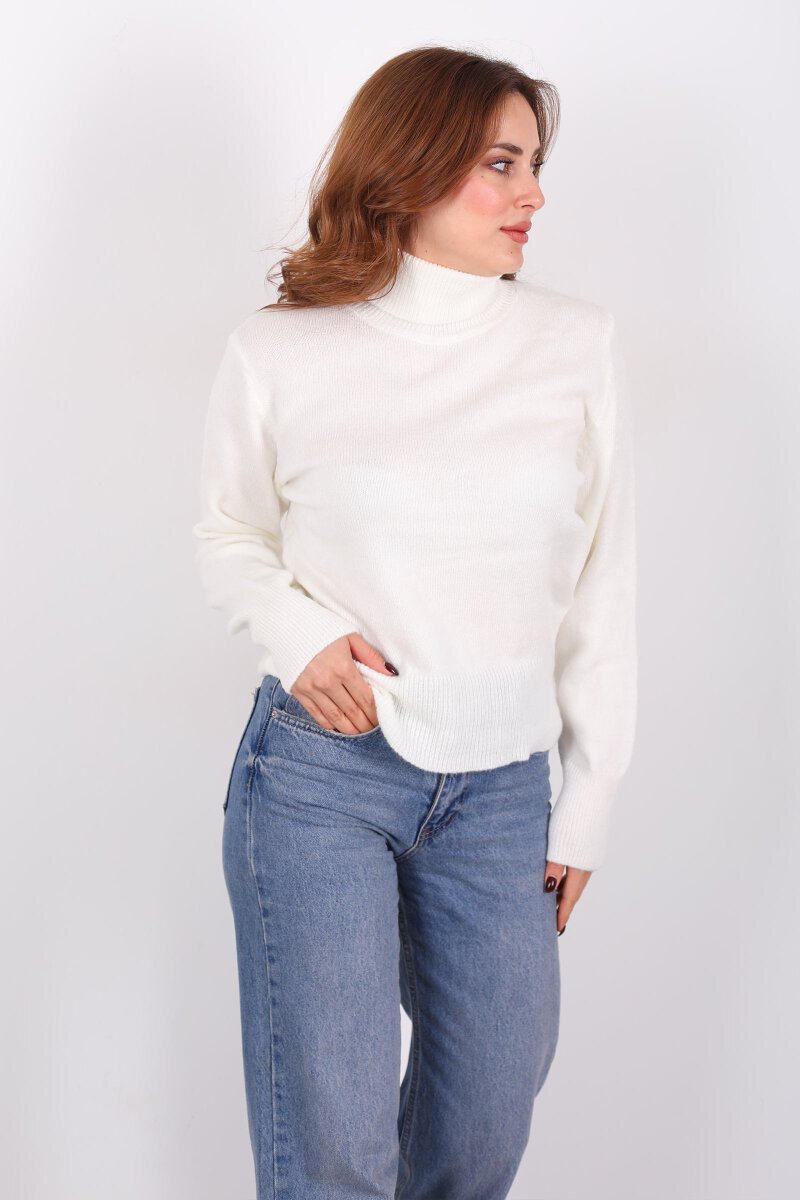 Tam Balıkçı Yaka Ekru Kadın Triko Kazak - 3