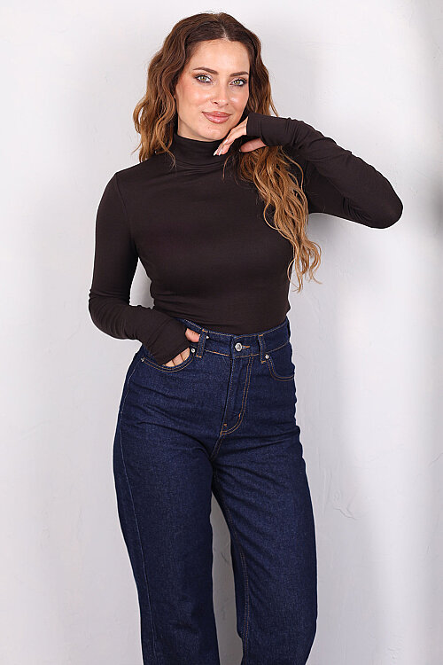 Tam Balıkçı Yaka Parmak Geçirmeli Acı Kahve Kadın Body - 3
