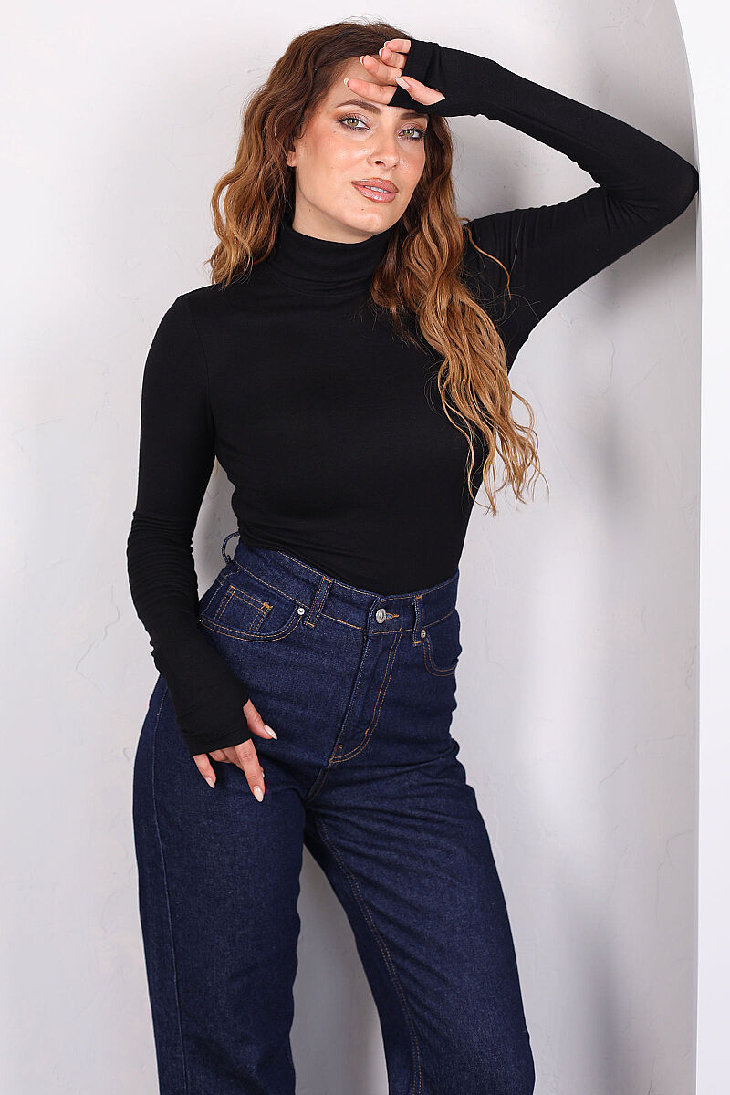 Tam Balıkçı Yaka Parmak Geçirmeli Siyah Kadın Body - 3