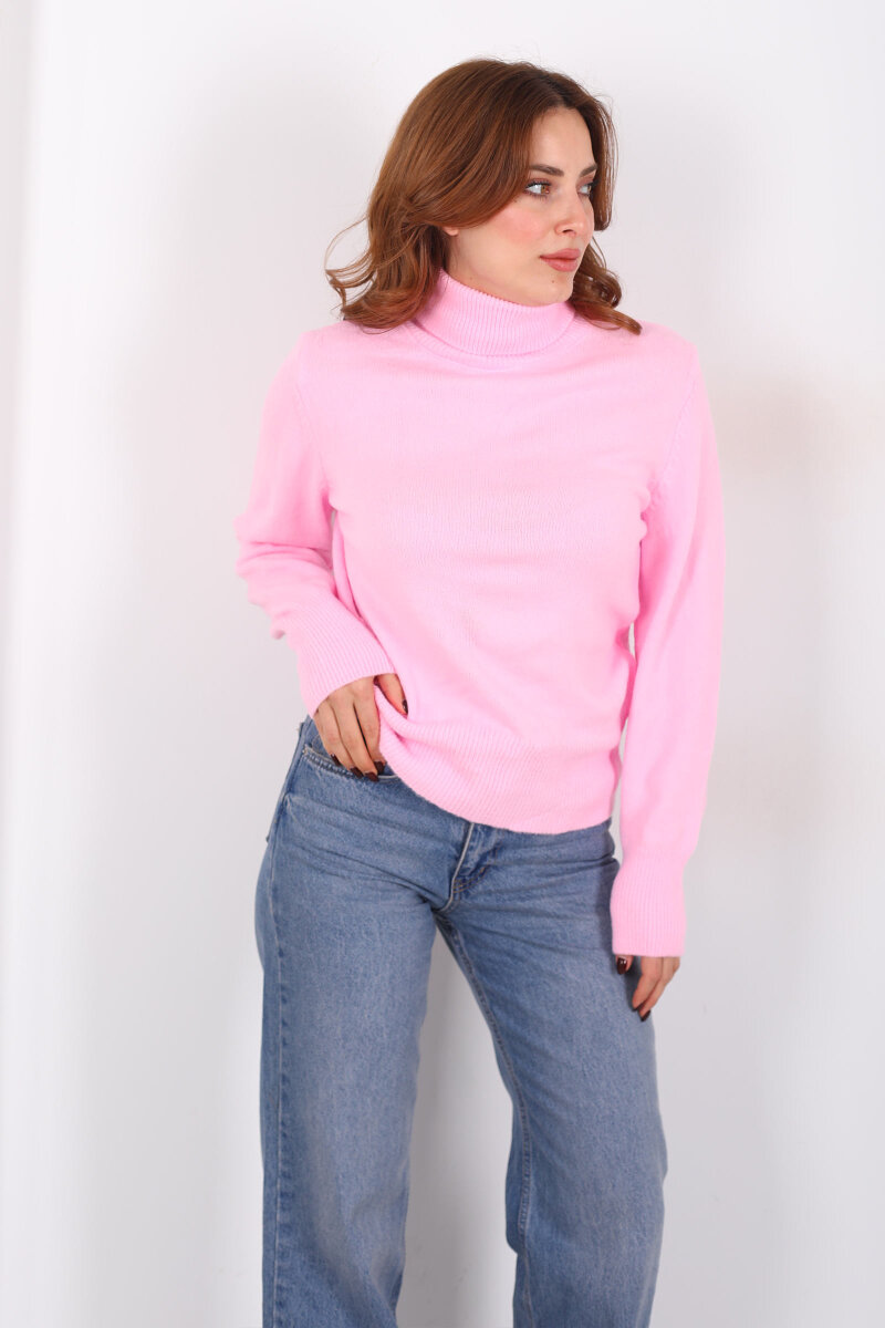 Tam Balıkçı Yaka Pembe Kadın Triko Kazak - 4