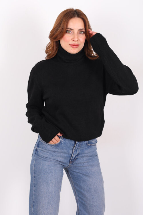 Tam Balıkçı Yaka Siyah Kadın Triko Kazak 