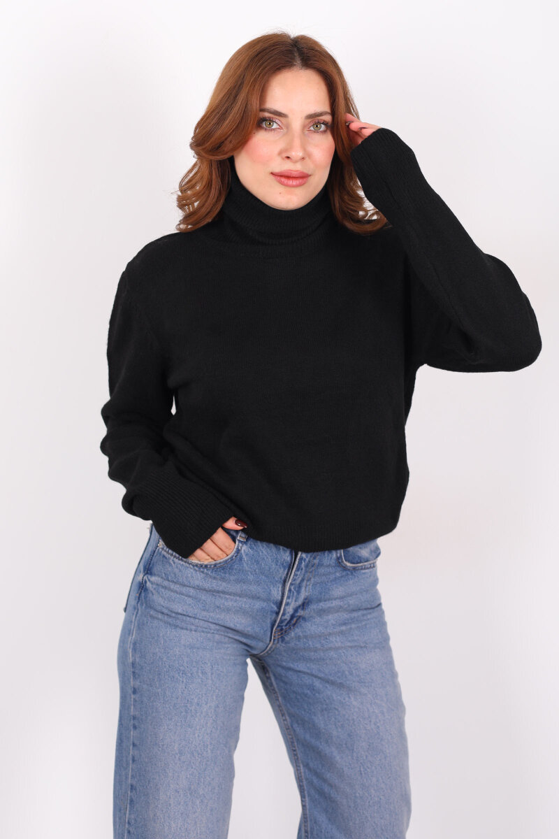 Tam Balıkçı Yaka Siyah Kadın Triko Kazak - 1