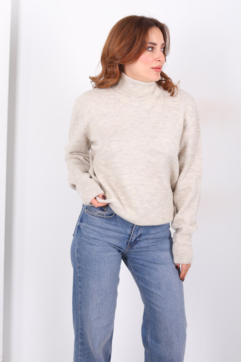 Tam Balıkçı Yaka Taş Rengi Kadın Triko Kazak - 5