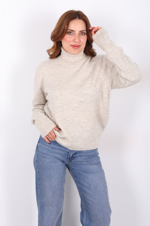 Tam Balıkçı Yaka Taş Rengi Kadın Triko Kazak 