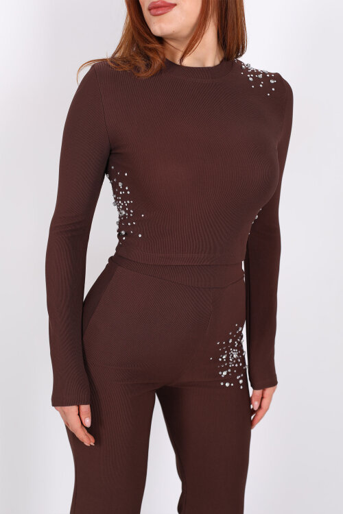 Taş Aksesuarlı Ottoman Kahverengi Kadın Crop Takım - Berox (1)