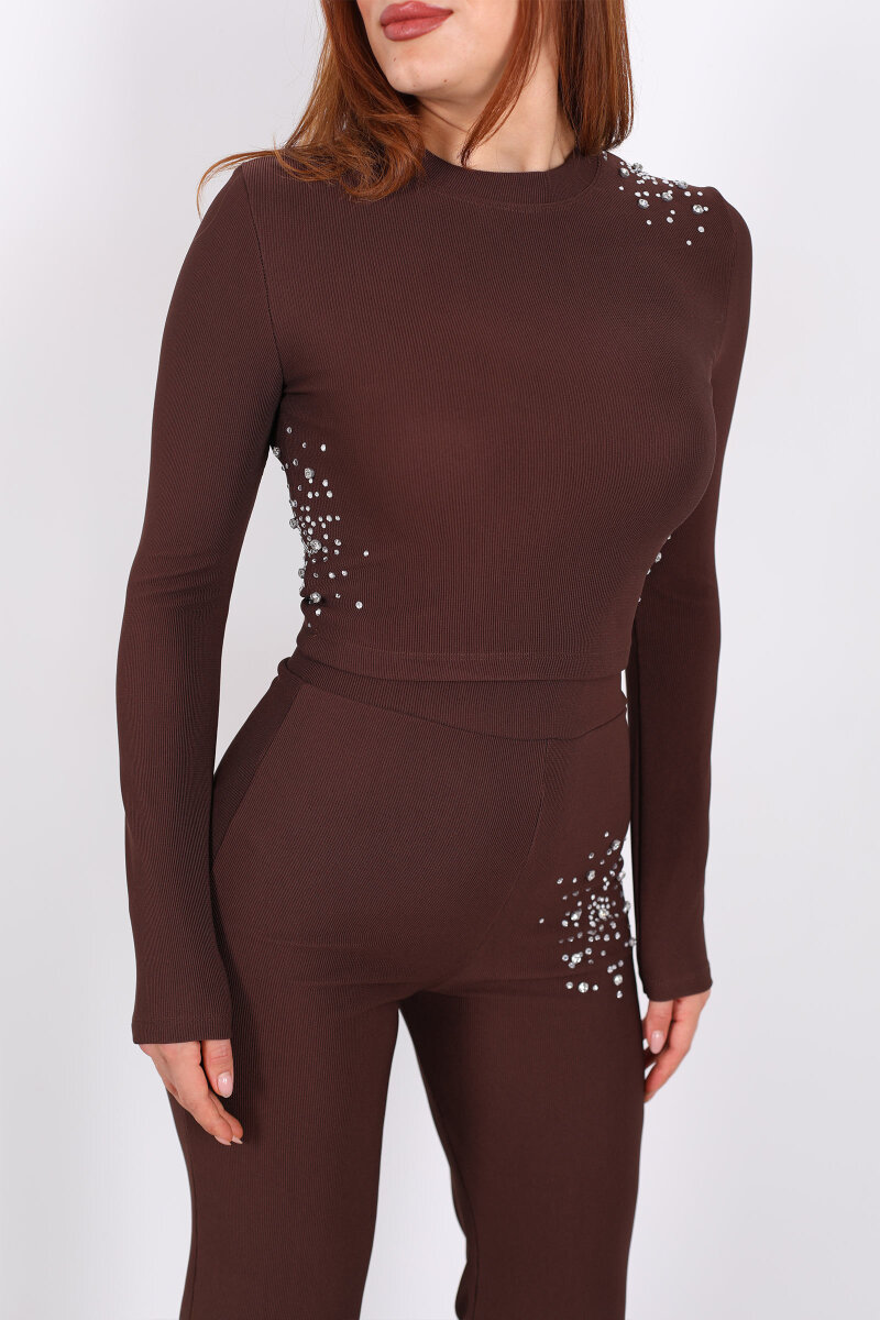 Taş Aksesuarlı Ottoman Kahverengi Kadın Crop Takım - 2