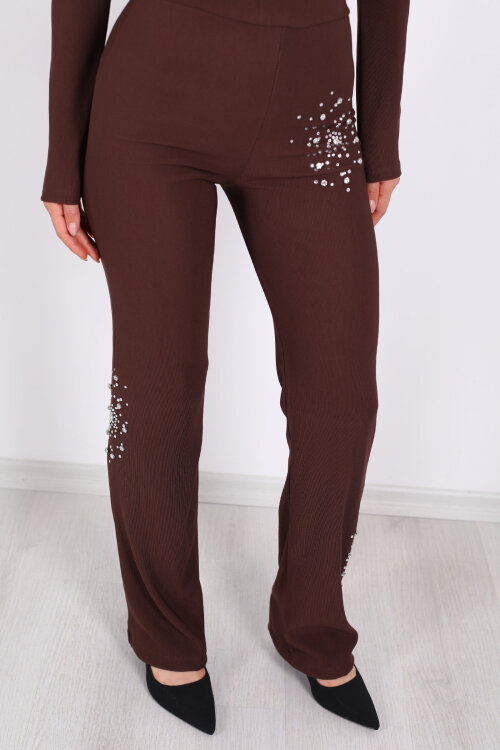 Taş Aksesuarlı Ottoman Kahverengi Kadın Crop Takım - 6