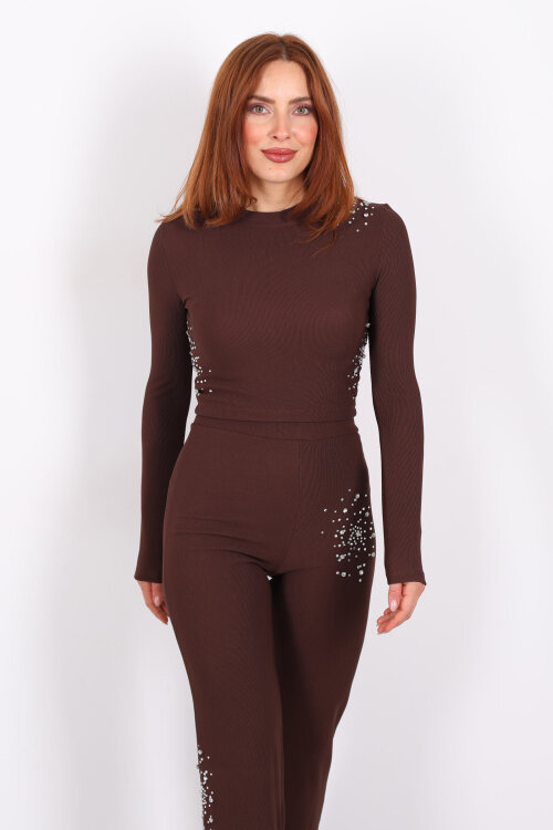 Taş Aksesuarlı Ottoman Kahverengi Kadın Crop Takım - 4