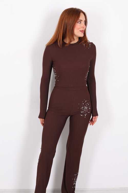 Taş Aksesuarlı Ottoman Kahverengi Kadın Crop Takım - 7