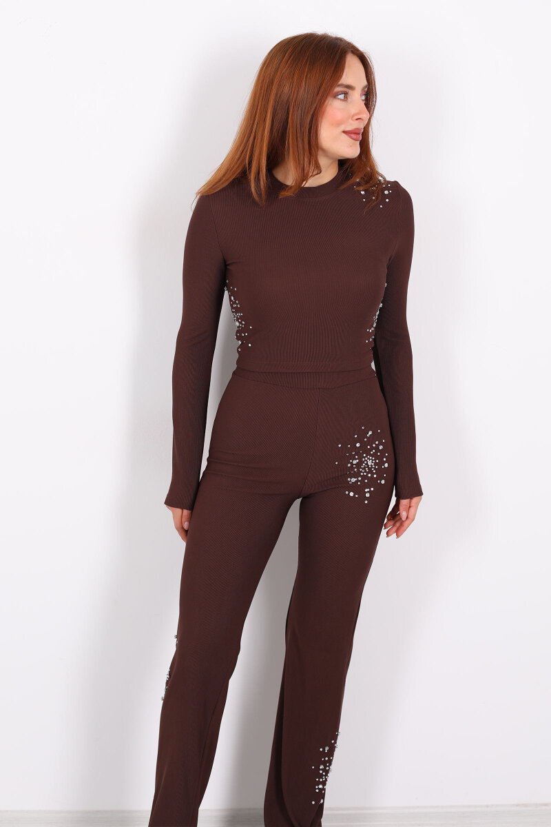 Taş Aksesuarlı Ottoman Kahverengi Kadın Crop Takım - 7