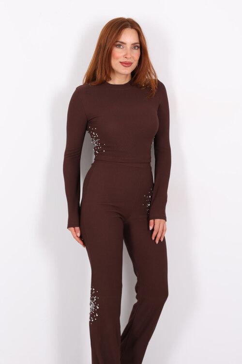 Taş Aksesuarlı Ottoman Kahverengi Kadın Crop Takım - Berox