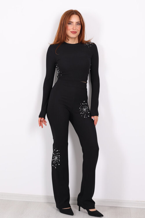 Taş Aksesuarlı Ottoman Siyah Kadın Crop Takım - 6