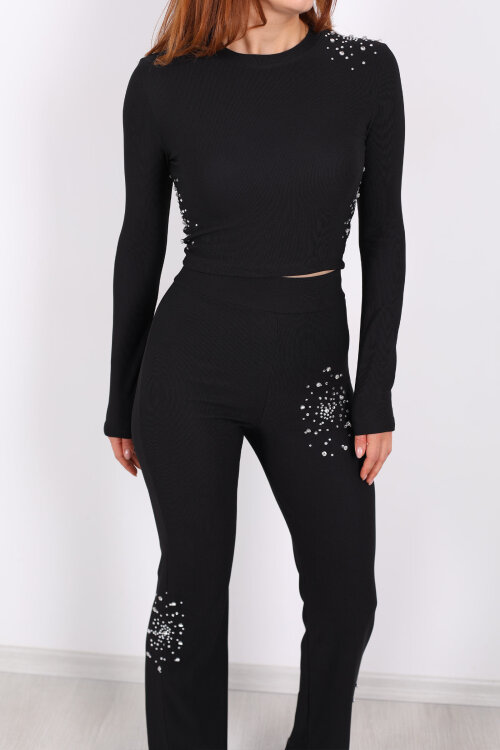 Taş Aksesuarlı Ottoman Siyah Kadın Crop Takım - Berox (1)