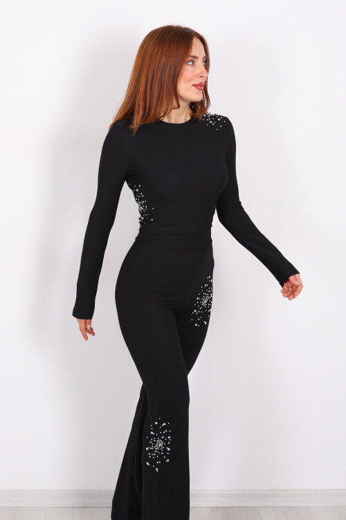 Taş Aksesuarlı Ottoman Siyah Kadın Crop Takım - Berox