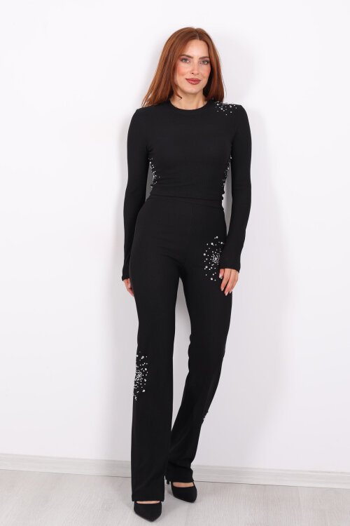 Taş Aksesuarlı Ottoman Siyah Kadın Crop Takım - 3