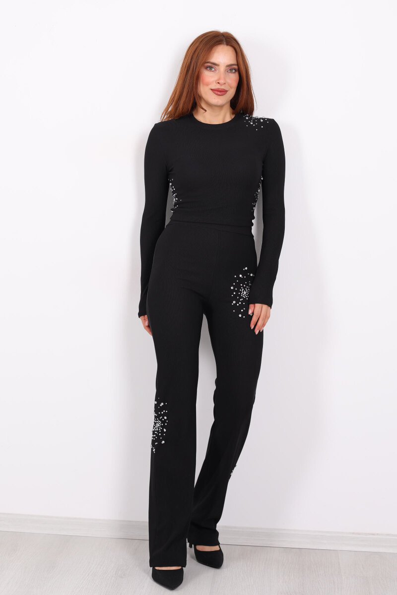 Taş Aksesuarlı Ottoman Siyah Kadın Crop Takım - 3