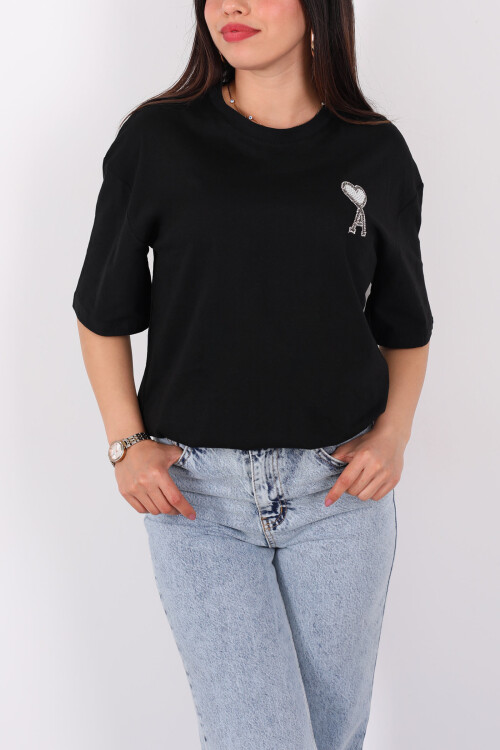 A Kalp Taş Baskılı Kısa Kol Siyah Kadın T-Shirt - 2