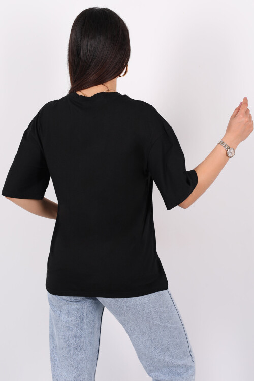 A Kalp Taş Baskılı Kısa Kol Siyah Kadın T-Shirt - 4