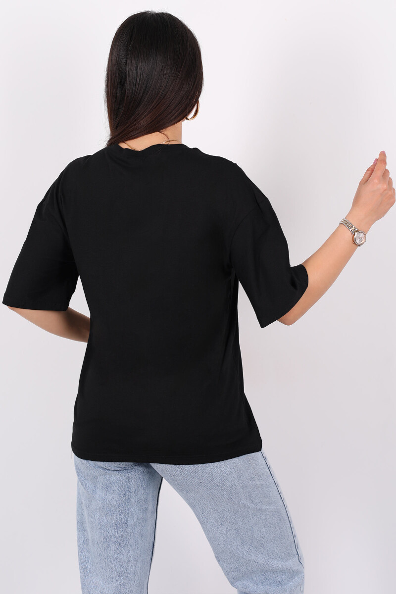 A Kalp Taş Baskılı Kısa Kol Siyah Kadın T-Shirt - 4