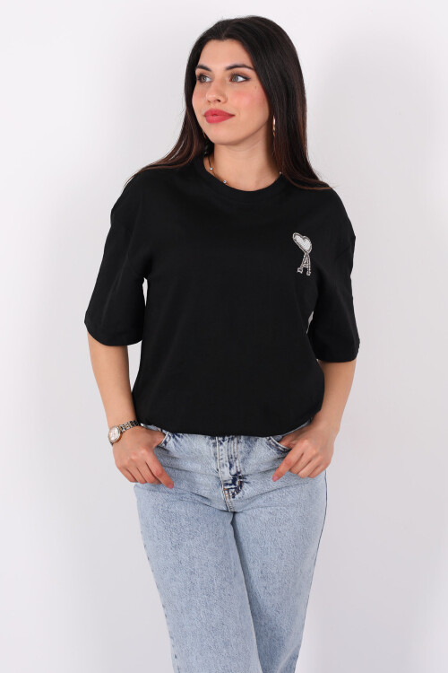 A Kalp Taş Baskılı Kısa Kol Siyah Kadın T-Shirt - 3