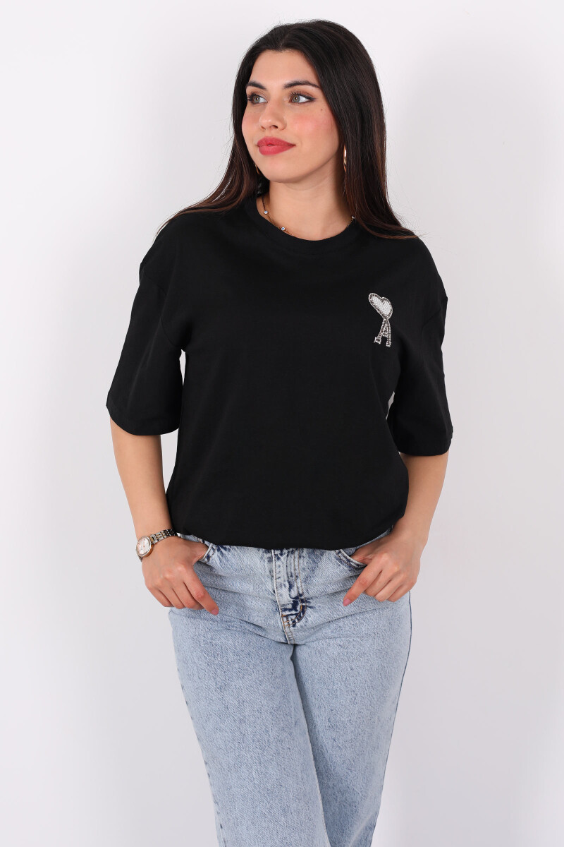 A Kalp Taş Baskılı Kısa Kol Siyah Kadın T-Shirt - 3