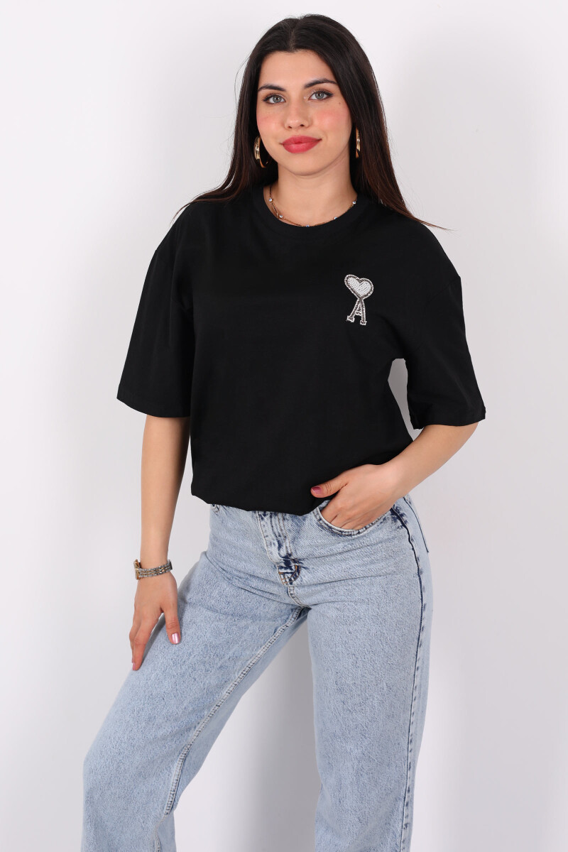 A Kalp Taş Baskılı Kısa Kol Siyah Kadın T-Shirt - 1