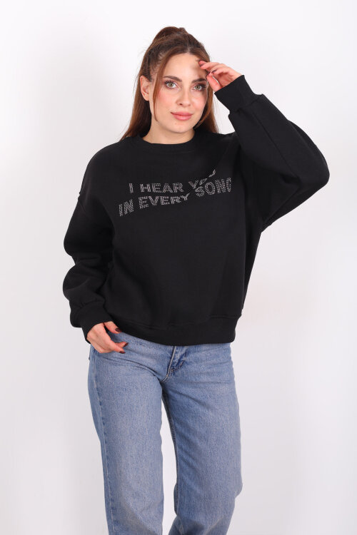 Taş Baskılı Siyah Kadın Üç İp Sweatshirt - Berox