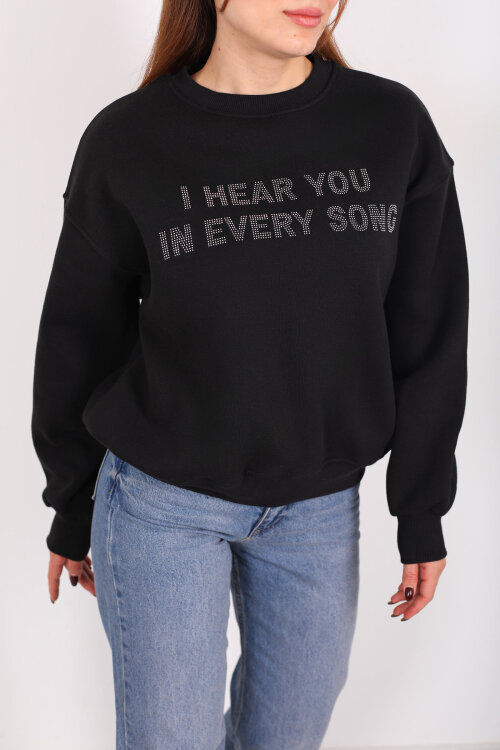 Taş Baskılı Siyah Kadın Üç İp Sweatshirt - Berox (1)