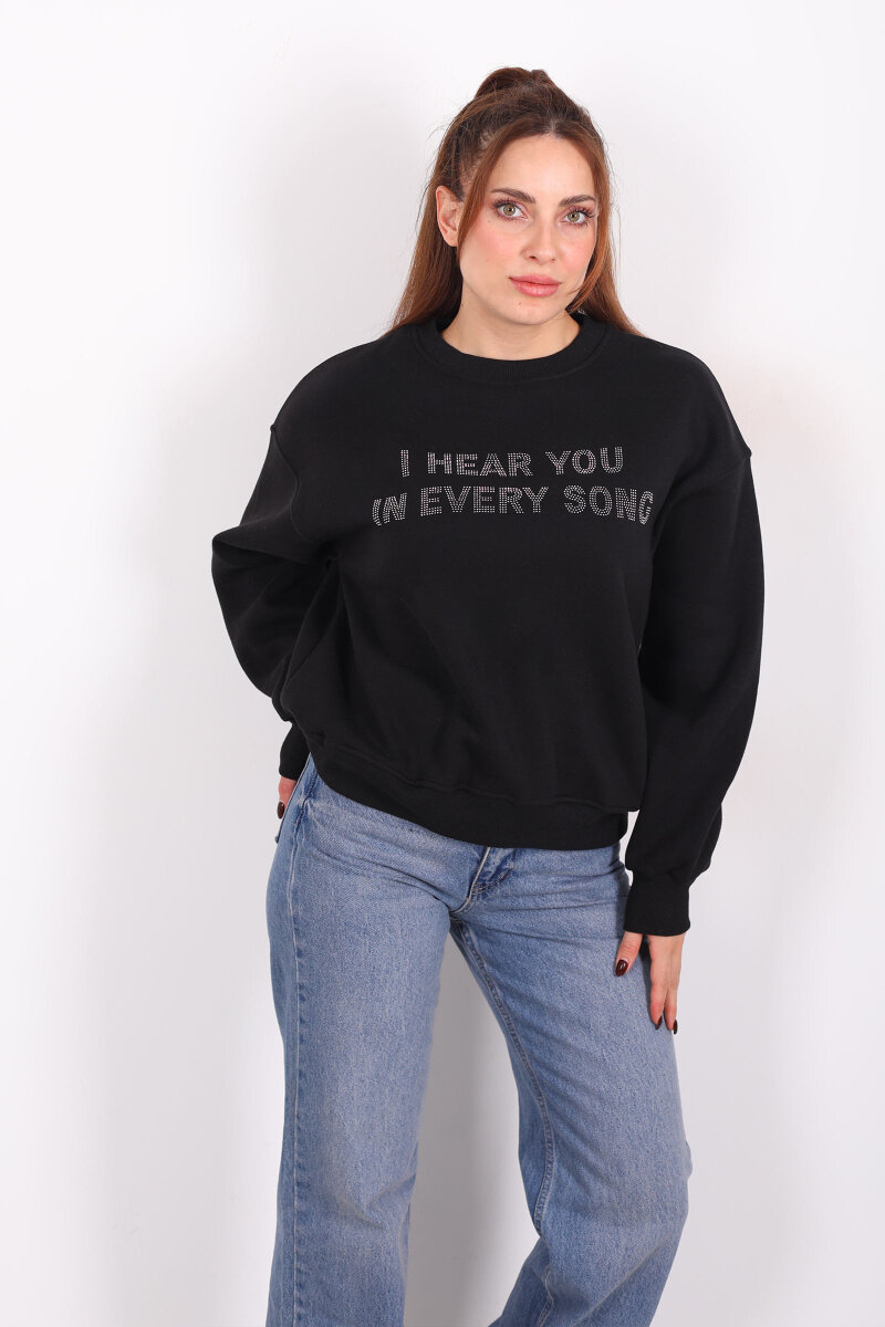 Taş Baskılı Siyah Kadın Üç İp Sweatshirt - 5