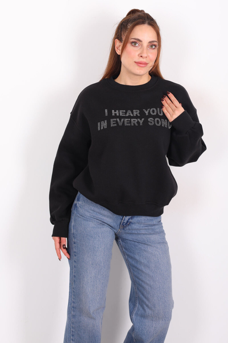 Taş Baskılı Siyah Kadın Üç İp Sweatshirt - 3