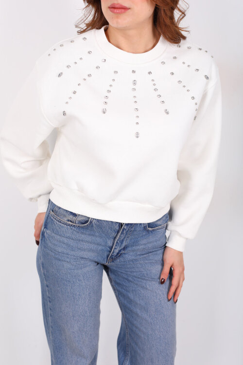 Taş Detaylı Beyaz Kadın Üç İp Sweatshirt - Berox (1)