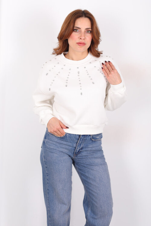 Taş Detaylı Beyaz Kadın Üç İp Sweatshirt - Berox