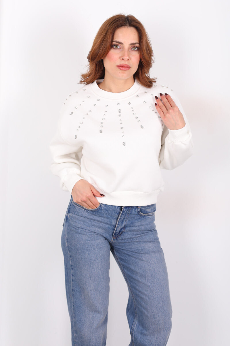 Taş Detaylı Beyaz Kadın Üç İp Sweatshirt - 1