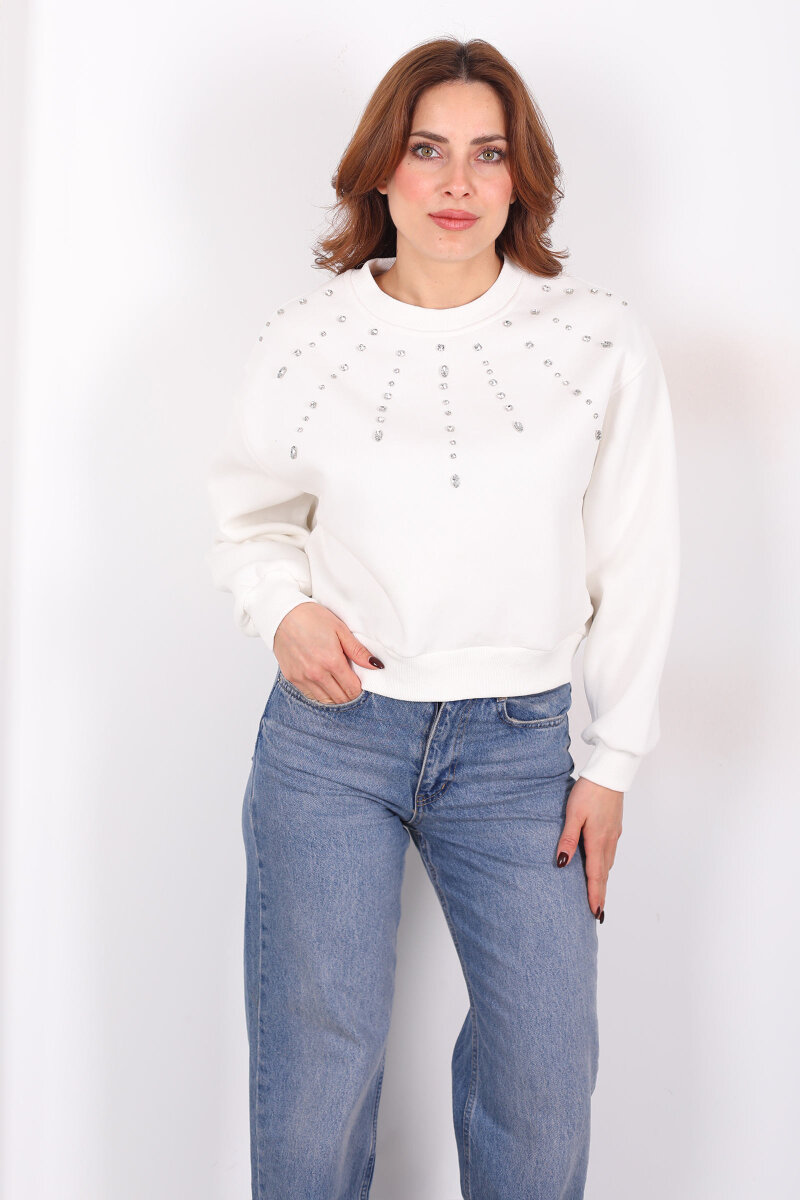 Taş Detaylı Beyaz Kadın Üç İp Sweatshirt - 5