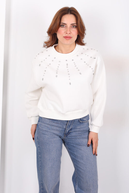Taş Detaylı Beyaz Kadın Üç İp Sweatshirt - 3