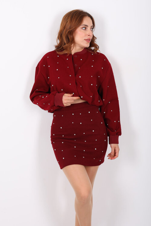 Taş Detaylı Mini Bordo Kadın Kaşe Etek - Berox