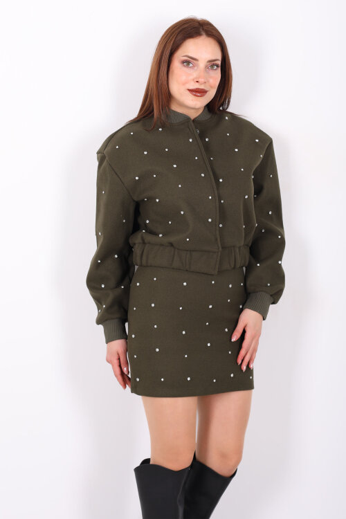 Taş Detaylı Mini Haki Kadın Kaşe Etek - 6